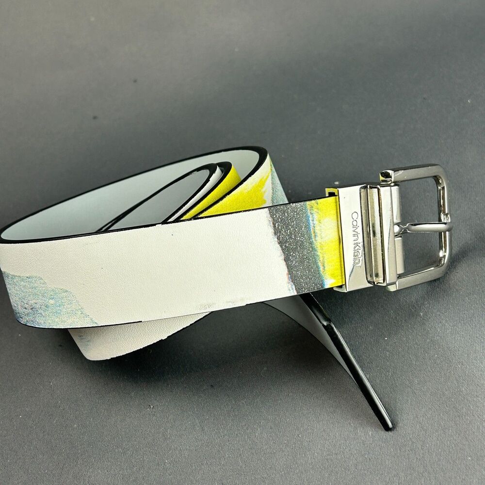 Calvin Klein Leather 1.25" White Yellow Graphic Belt Size L Silver Tone Buckle - Picture 3 of 16